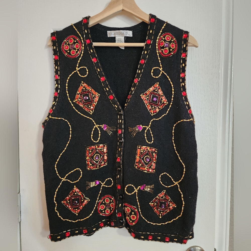 Vintage Claudia D Black Beaded/jeweled  Sweater Vest Sz L